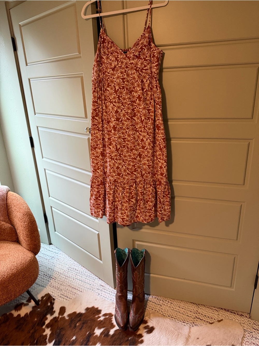 GAP Rust Floral Midi A Line Ruffle Dress with pockets